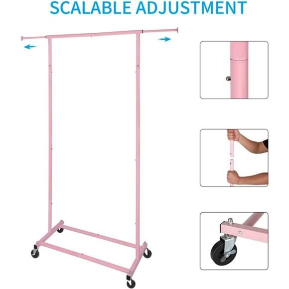 Standard Rod Simple Rolling Clothing Garment Rack, Metal Clothes Organizer, Pink - Picture 2 of 6